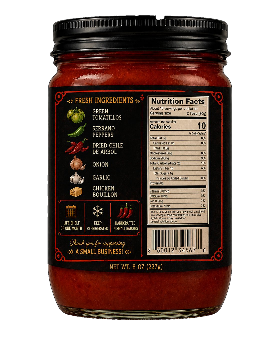 La Adictiva back label — fresh ingredients list, nutrition facts, and small-business badges